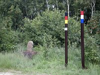 NL, Drenthe, Emmen, Bargerveen 18, Saxifraga-Roel Meijer  Poles on Dutch-German border with national colours, Bargerveen, Emmen, Drenthe, Netherlands : Bargerveen nature reserve, Bourtanger Moor-Bargerveen International Nature Park, color colour, Dutch Holland Netherlands, Europe European, German Germany, nobody no people, vertical