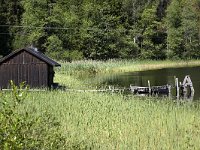 Vissershut  Fishing cabin along one of the small lakes SE of Halden, Norway : color, colour, Europe European, horizontal, jetty jetties, lake, marsh wetland, nature natural, Norway, Norwegian, reed, rural landscape, Scandinavia Scandinavian, summer, water, wooden cabin