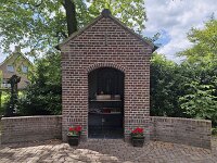 Roman catholic field chapel with small statue of Maria with infant Jezus  Roman catholic field chapel with small statue of Maria with infant Jezus : Roman catholic, catholic, field chapel, road chapel, oratory, statue of Maria, maria, infant Jezus, Jezus, religion, religious, burning candles, building, holy, architecture, bricks, brickwork, North Brabant, Dutch, Netherlands, Europe, European, no people, nobody