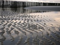 Strand Haamstede tijdens zonsondergang  Patterns of sand and water on the beach during sunset, Haamstede, Zealand, Holland : Dutch, Europe European, Haamstede, Holland, Netherlands, beach, coast, color, colorful, colour, colourful, evening, groin, groyne, horizontal, nature natural, pattern, pole, quiet, reflect reflection, rural landscape, sand, sandy, sea, setting sun, shore, shoreline, summer, sunset, tranquil tranquillity, twilight, warm red, water, wave shaped